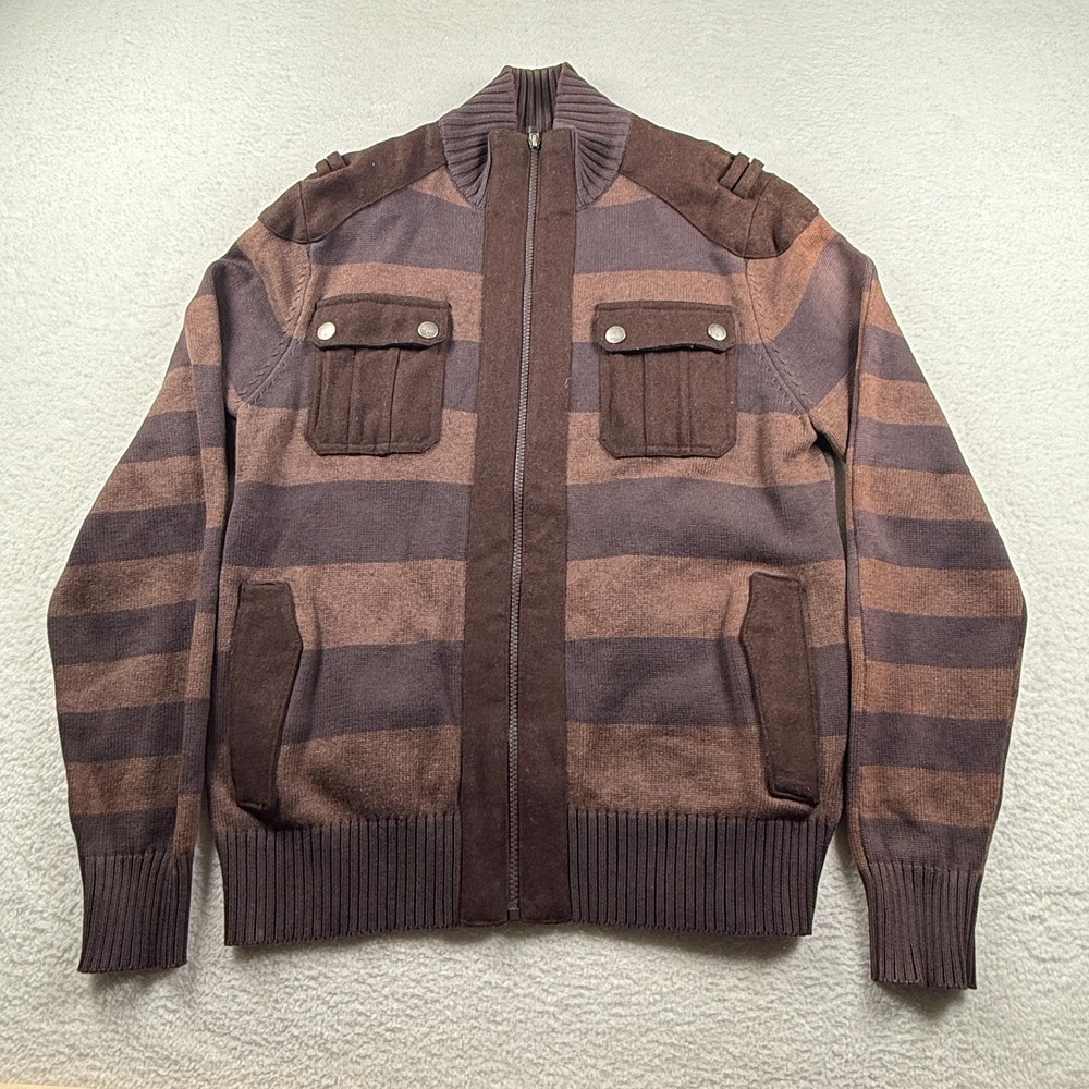 X Ray Cardigan Sweater Mens Large Brown Striped Cotton Ribbed‎ Trim Full Zip